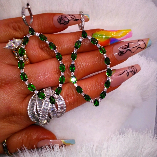 Green Chrome Diopside And White Zircon Gemstone Dangle Earrings Sterling Silver